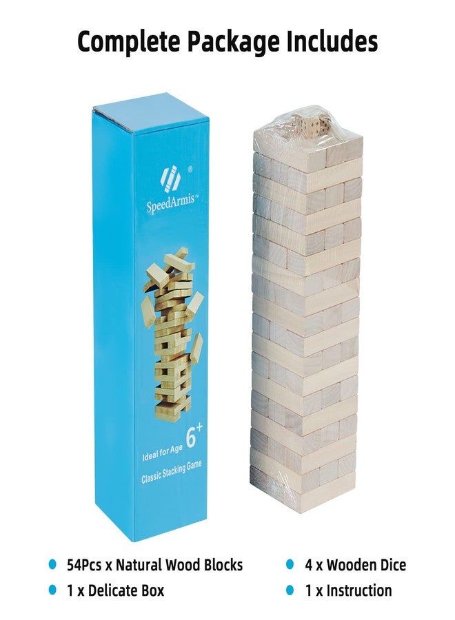 SpeedArmis لعبة SpeedArmis Mini Tumble Tower، لعبة تكديس خشبية مكونة من 54 قطعة للمراهقين - ألعاب لوحية خشبية من خشب الصنوبر مع مجموعة من 4 نرد - هدايا عيد الميلاد الكلاسيكية للمراهقين - Image 5